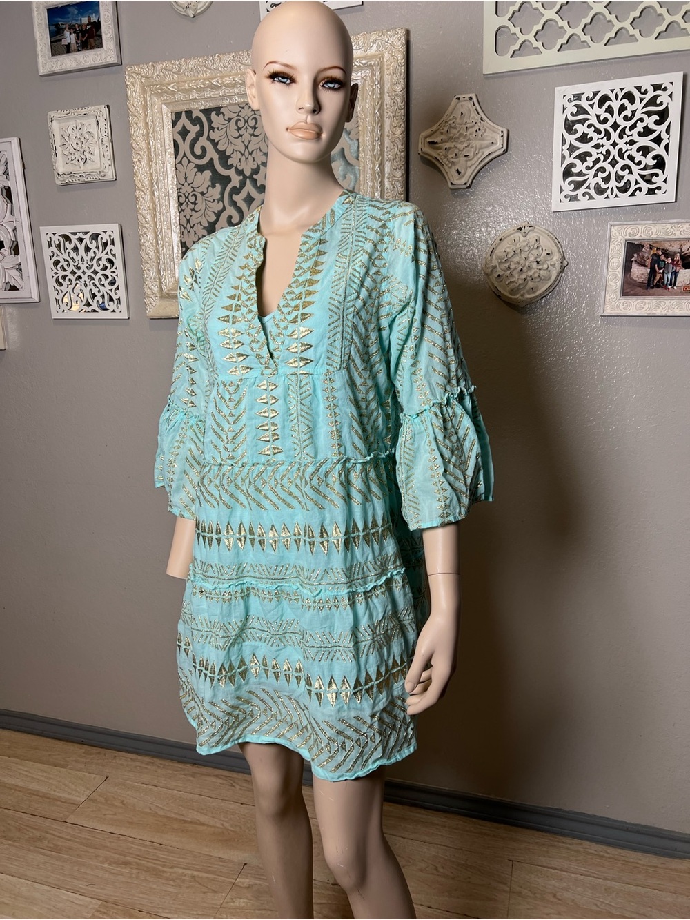 Boston Proper Light Aqua dress with Gold Metallic Embellishment - Picture 6 of 14